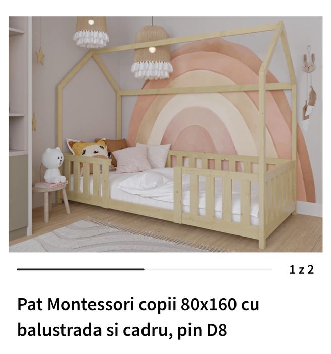 Pat Montessori copii 80x160 cu balustrada si cadru, pin + Saltea spuma
