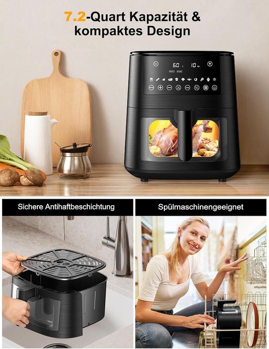Фритюрник с горещ въздух (Air Fryer) XXL 7.2 литра с прозорец за наблю