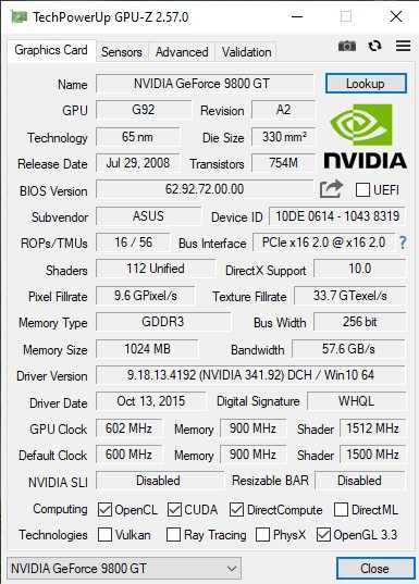 Placa video gaming vintage Asus Nvidia GT 9800 1G DDR5 256 bit