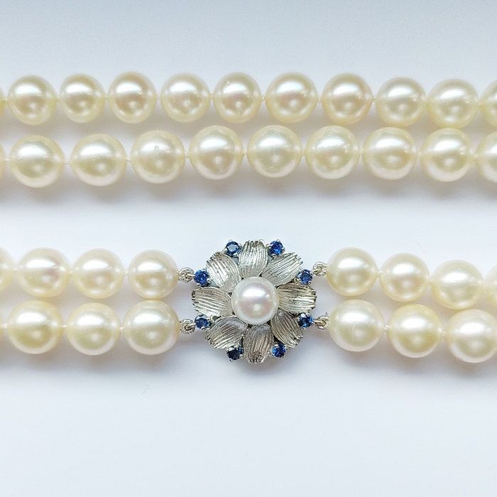 (PROMOTIE) colier vintage perle Akoya, aur 18k, safire, certificat