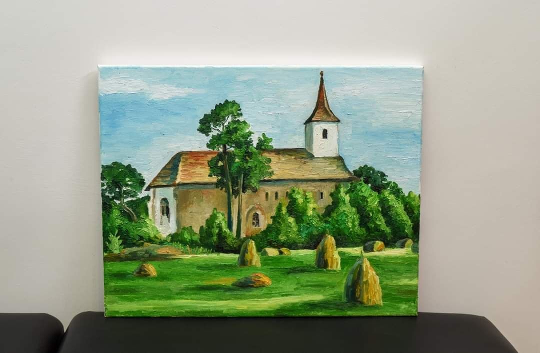 Pictura Ulei, peisaj, Biserica Reformata Vintul de Jos