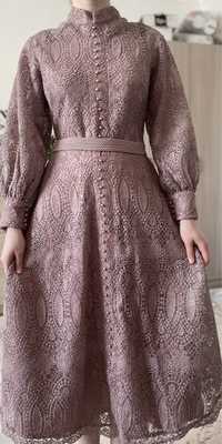 Розовое турецкое платье ниже колен. 38 М размер