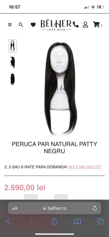 Perucă Belher-Patty Negru Natural