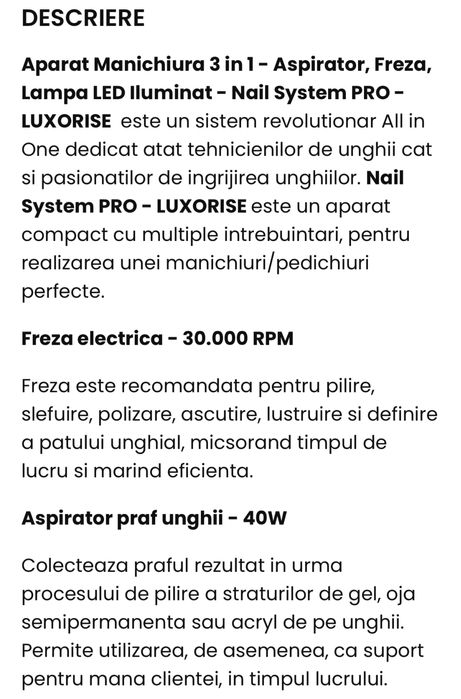 Aspirator cu lampa si freza incorporata LUXURISE PROFESIONALA