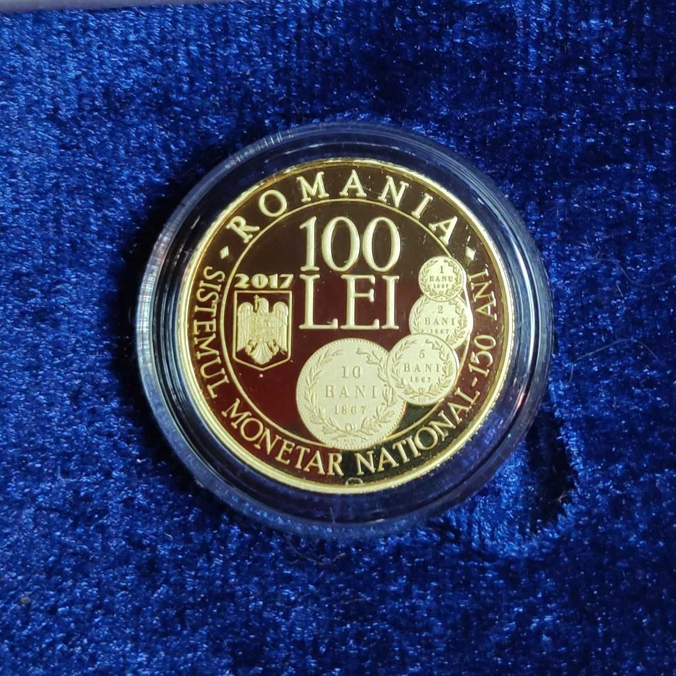 Moneda 100 lei 2017 aur BNR 150 de ani Sistemul Monetar tiraj 150 RARĂ