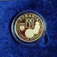 Moneda 100 lei 2017 aur BNR 150 de ani Sistemul Monetar tiraj 150 RARĂ