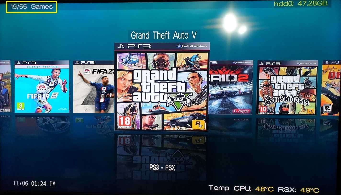 55 jocuri PS3 + Playstation 3 cu GTA V, FIFA 24, Minecraft