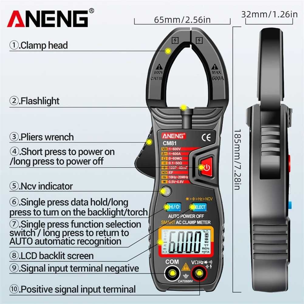 Професионални амперклещи ANENG /LCD дисплей/600A/600V/60MΩ /40mF/10Hz