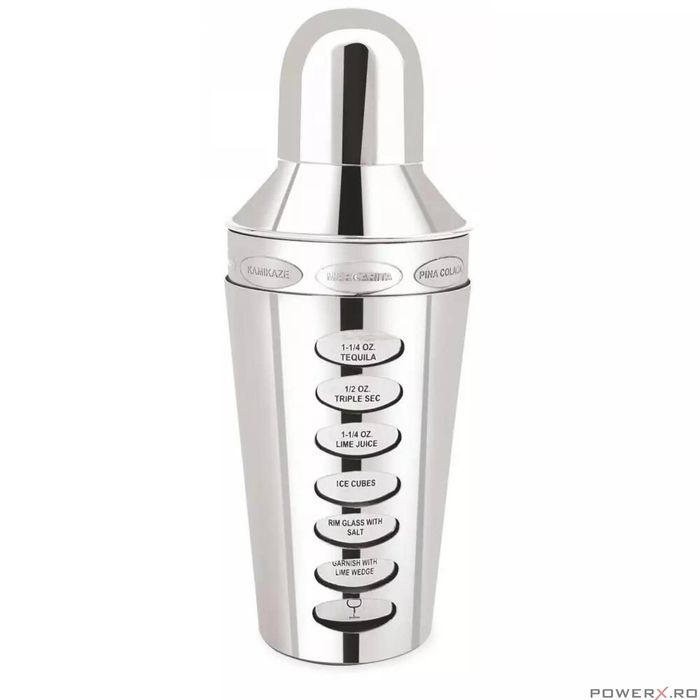 Shaker pentru bauturi si cockteil, 600ml, argintiu, cu retete, din