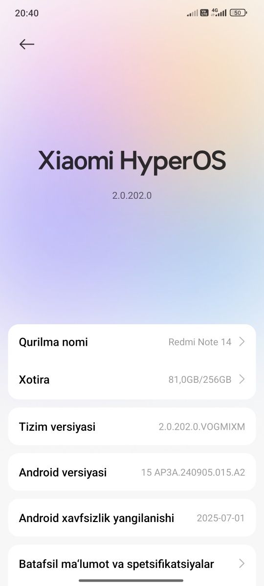 Redmi not 14 xotira 8/256