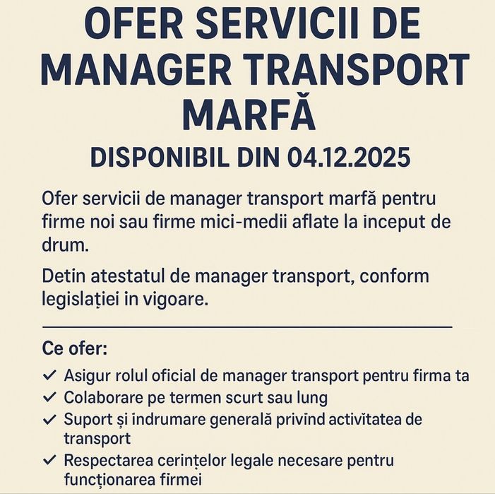 Ofer Servicii de Manager Transport Marfă – Disponibil din 04.12.2025