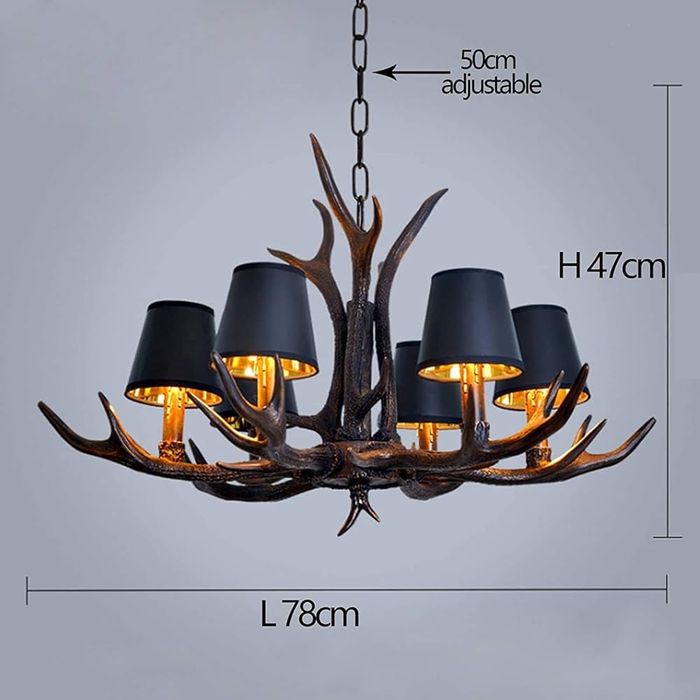 Полилей еленов рог(смола)черен и 6 абажура, 6×Е14