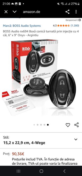 BOSS Audio nx694 Boxă conică turnată prin injecție cu 4 căi, 6" x 9" O
