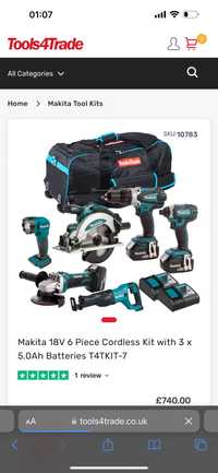 Makita 18V 6 Piece Cordless Kit with 3 x 5.0Ah Batteries T4TKIT-7