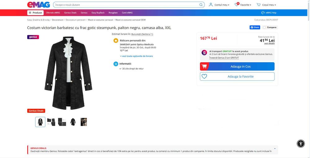 Costum Steampunk, stil Victorian cu frac gotic, REDUS de la 170RON