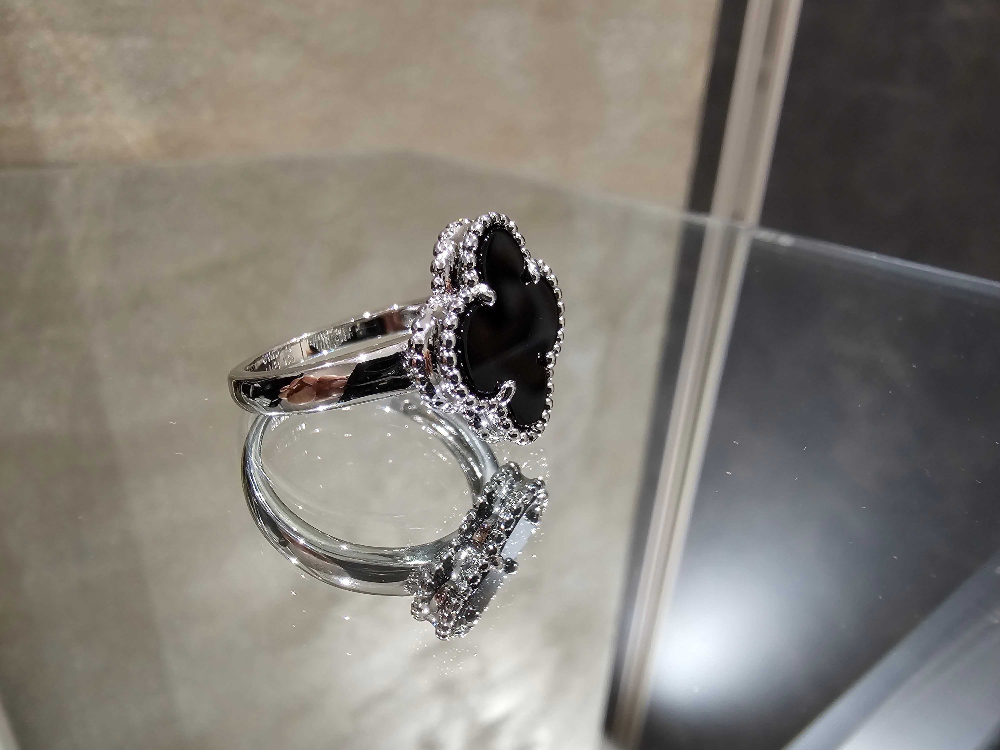 Van Cleef & Arpels VCA Silver Onyx Alhambra Clover Дамски Пръстен