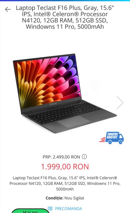 Laptop Teclast F16 Plus, Gray,15.6",12gb Ram,512gbssd, Sigilat, OFERTA