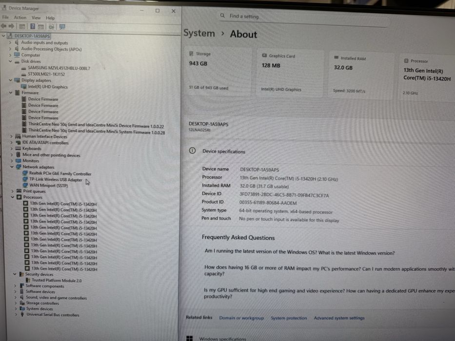 Mini PC/Tiny Lenovo neo 50q, Intel i5-13420H, 32GB RAM, 1TB SSD + HDD