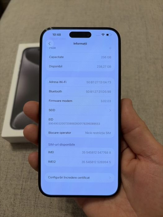 iphone 15 pro max 256gb black titanium, ca nou, ,baterie 93%