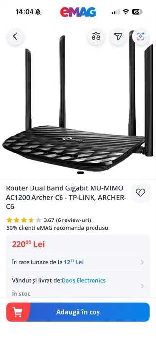 Vand Router TP-Link Archer C6 | Wi-Fi AC1200 | Dual Band | Gigabit
