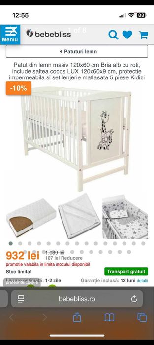 Patut din lemn masiv 120x60 cm Bria alb cu roti