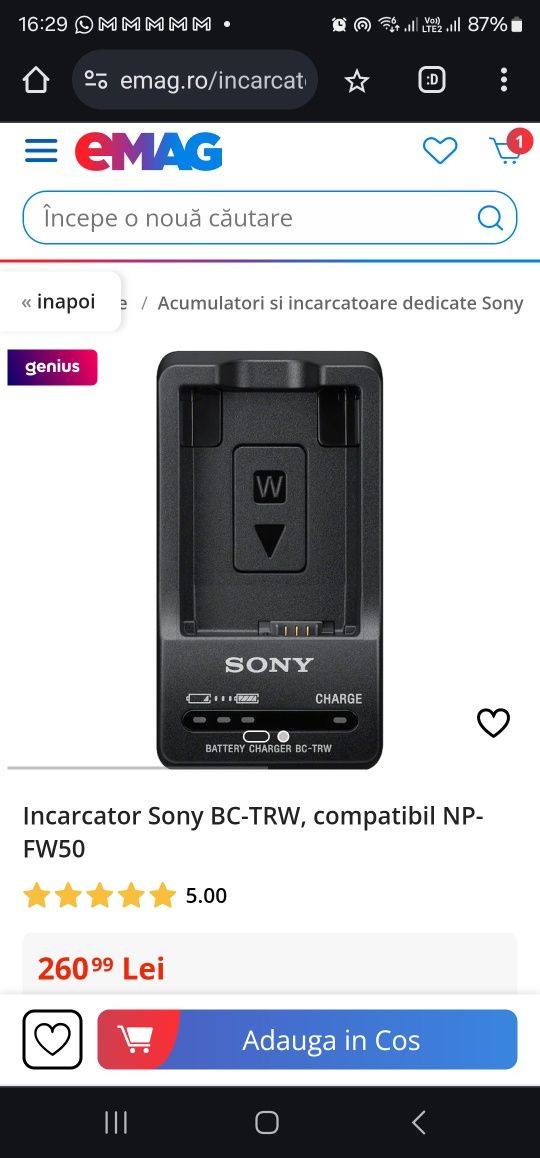 Incarcator Sony BC-TRW, compatibil NP-FW50