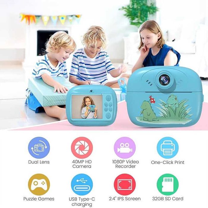 Детски фотоапарат с принтер 2.4 инчов екран, игри, хартия, син и розов