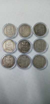 Vand lot de 9 monede argint 10 franci 1929-1939