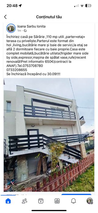 Inchiriez casa ,3 camere:2 dormitoare cu bai proprii ,bucatarie mare!!