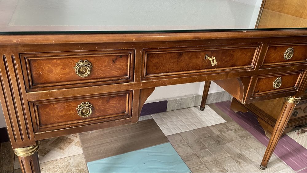 Birou Vintage Piele Lemn Masiv Bronz Sticla