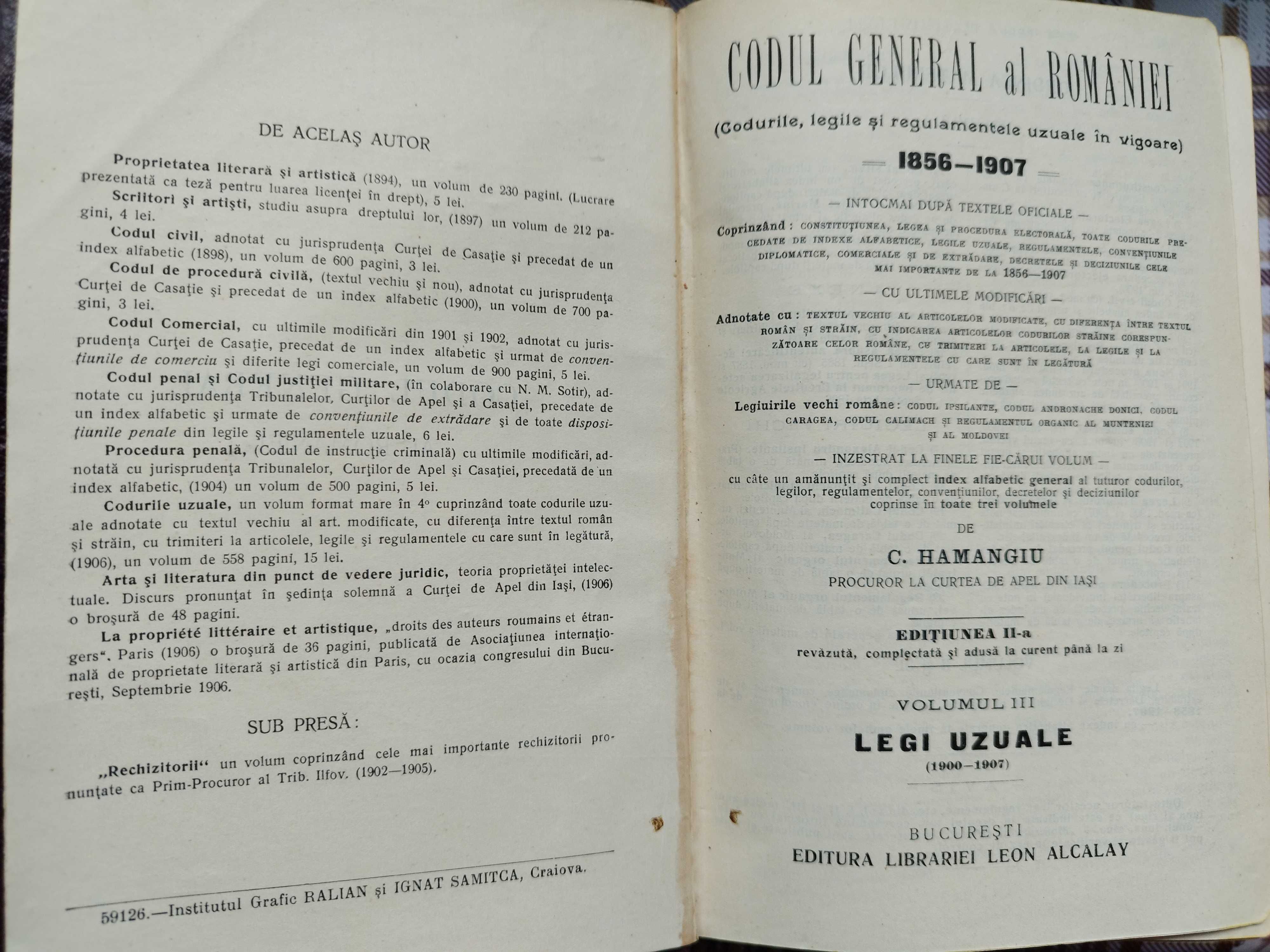 Carti rare. Codul General al Romaniei, Hamangiu, 6 volume 1907-1913