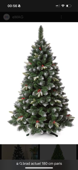 Brad artificial 180 cm varfuri ninse merisoare rosii
