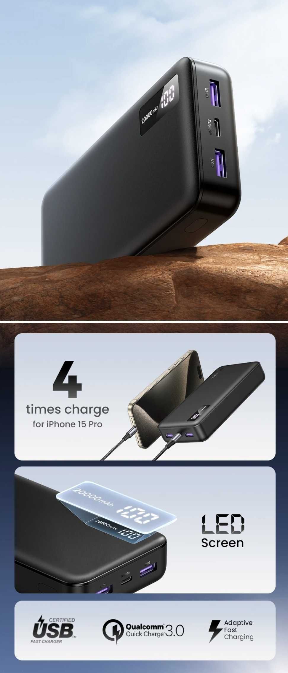 Ugreen PB312 Power Bank 20000mAh PD20W + 22.5W QC3.0 iPhone 15 16