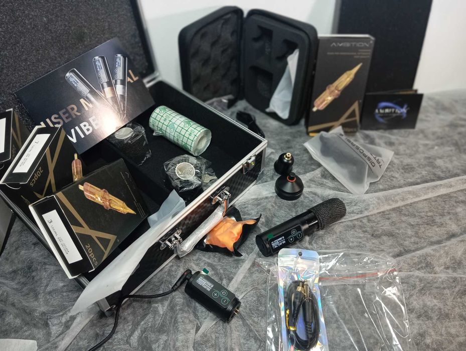 Super Kit Ambition Vibe, aparat de tatuat, 2 baterii, 80 cartuse.. etc