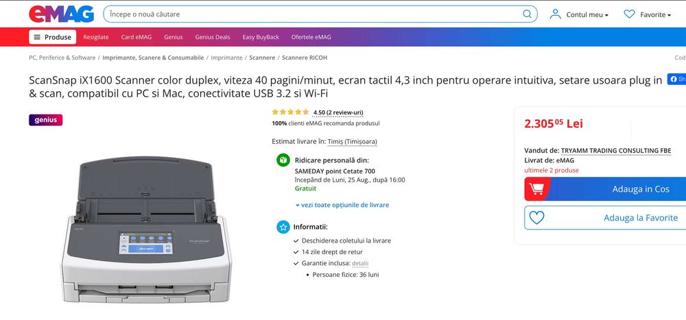 Scanner full duplex Fujitsu Ricoh ScanSnap iX1600