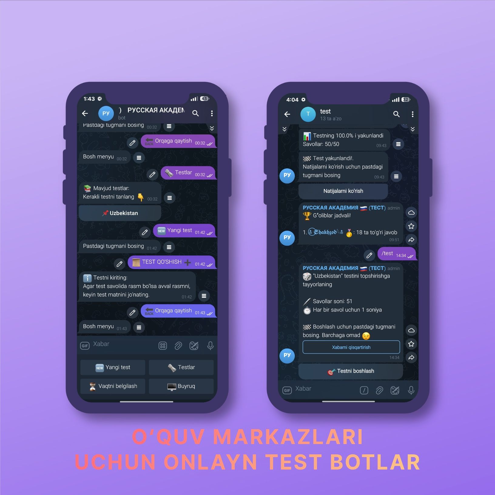 Telegram Bot yasash | Телеграм бот

Sizning biznesingiz yoki shaxsiy
