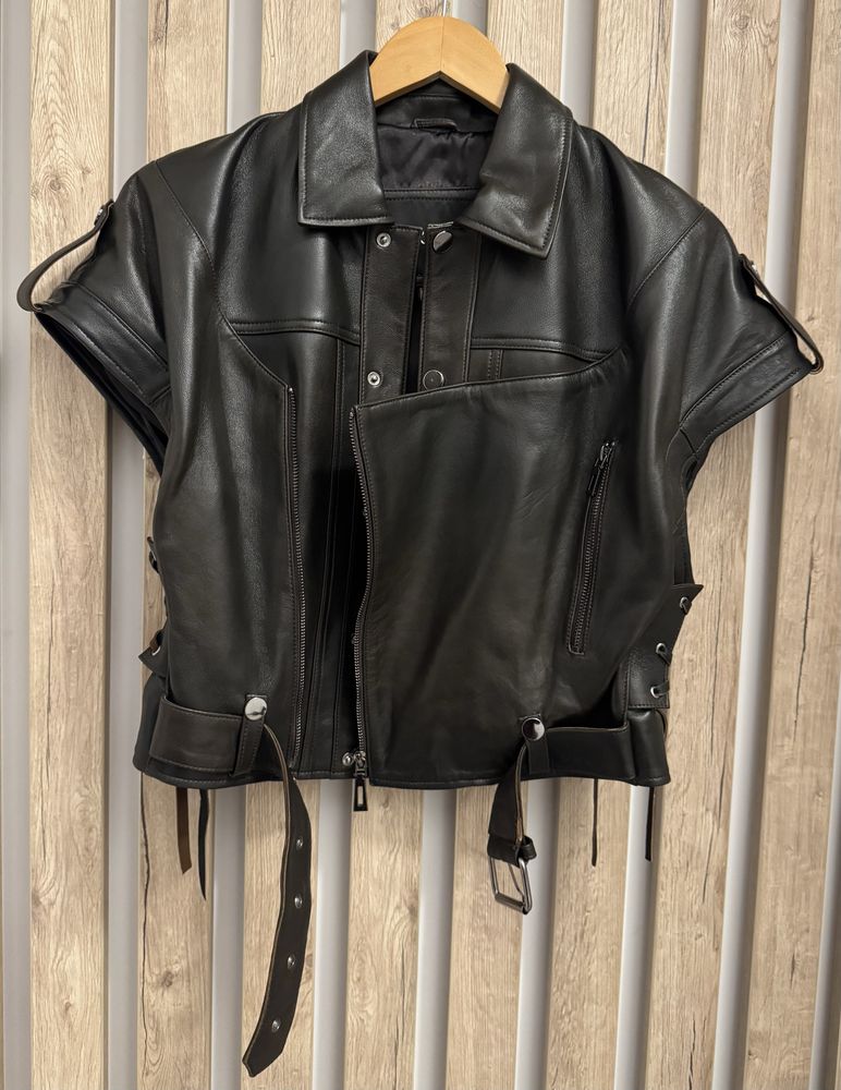 Geaca din piele naturală, aspect vintage, oversized, maneci detasabile