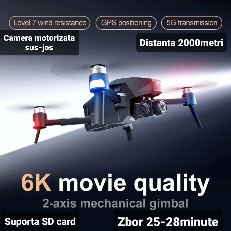 Drona profesionala camera 6K, Distanta 2000M,GPS,Zbor 28 min,Card,Noua