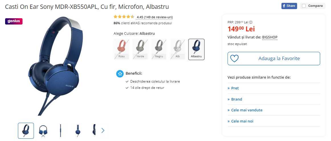 Casti Sony MDR-XB550APL, cu microfon