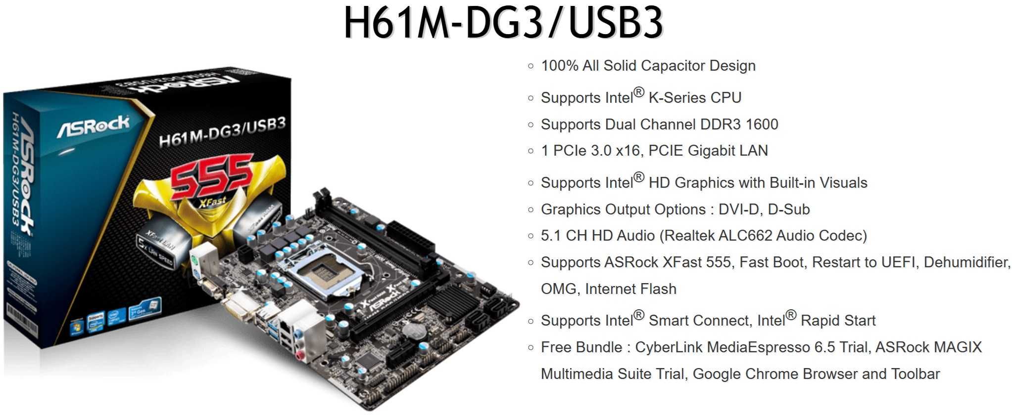Дъно Дънна платка ASRock H61M-DG3/USB3 LGA 1155 DDR3