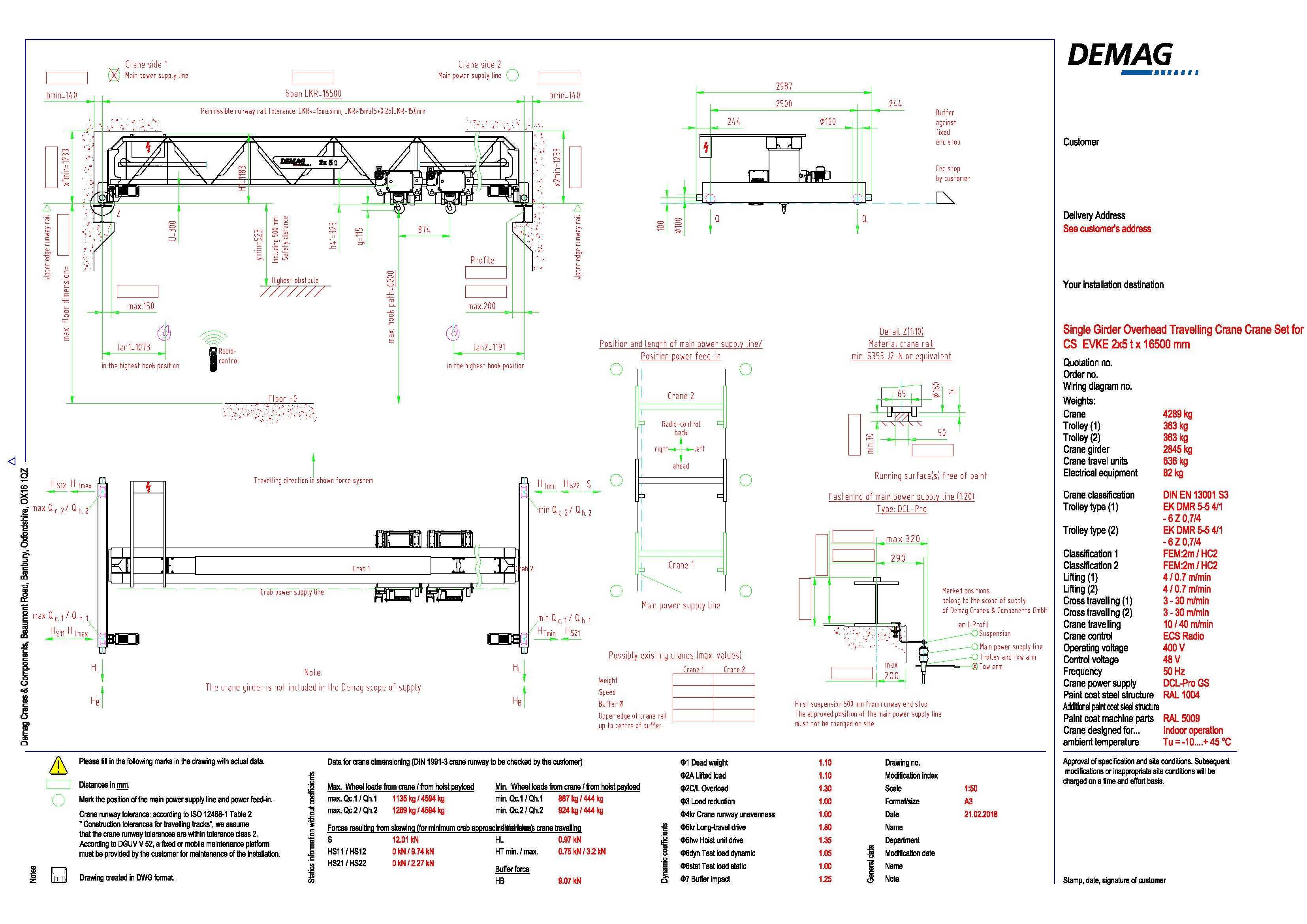 DEMAG едногредов мостов кран,  2Х5 T X 16500
