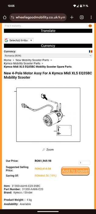 Motor scuter electric Kymco Midi 4 pole EQ35BC EQ35BA
