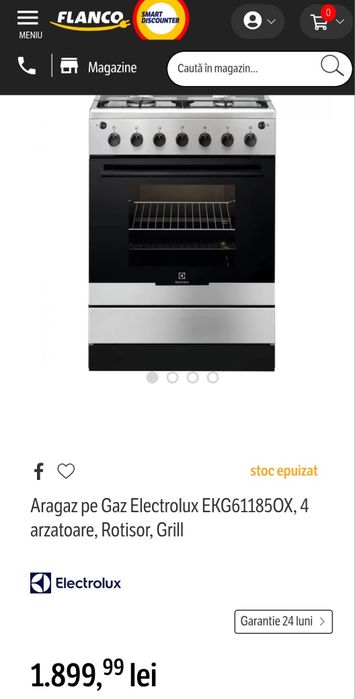 Aragaz ElectroluxEKG61185OX, aprindere electrica,plita,grill, 60 cm