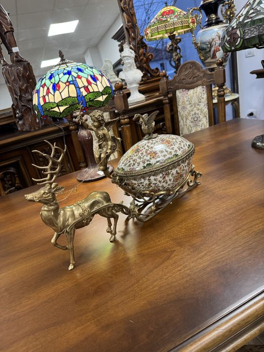 Impresionant bol decorativ din portelan craquele, montura bronz masiv