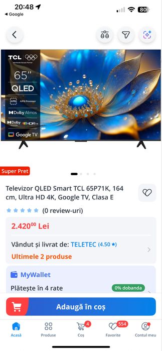 Televizor Qled TCL 165 cm 65P71K nou sigilat