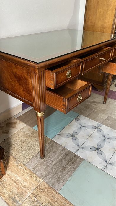 Birou Vintage Piele Lemn Masiv Bronz Sticla