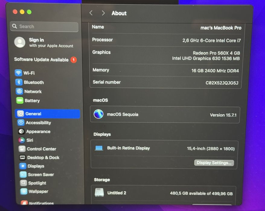 MacBook Pro 15" 2018 16GB/ 512SSD / i7  A1990