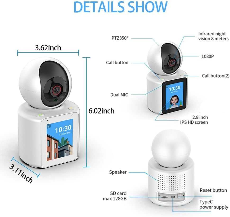 CIAJIE Двупосочна видеокамера 2,8'' екран wifi 360° интелигентна 1080p