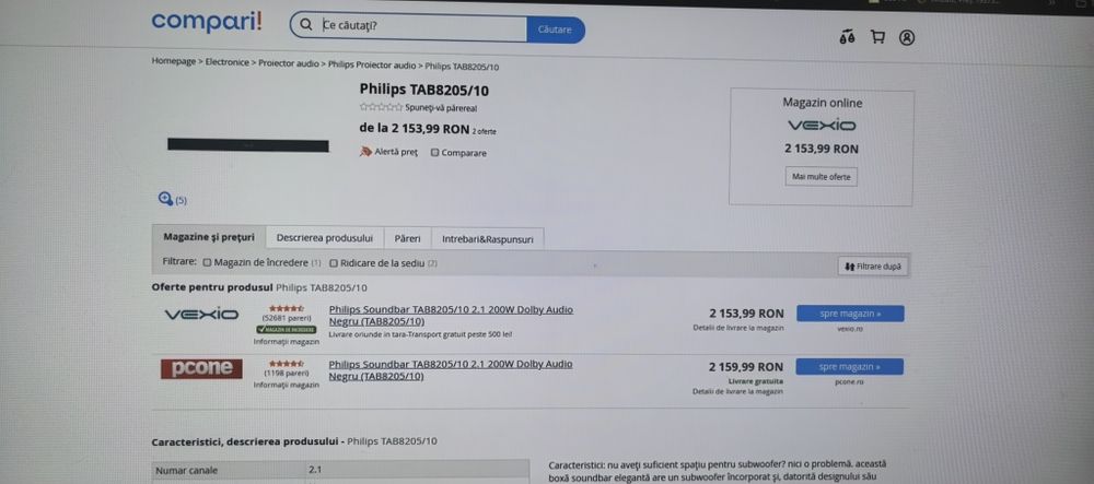 Soundbar Philips 200W TAB8205 / Home Cinema_2 in 1_NOU / Dolby Audio