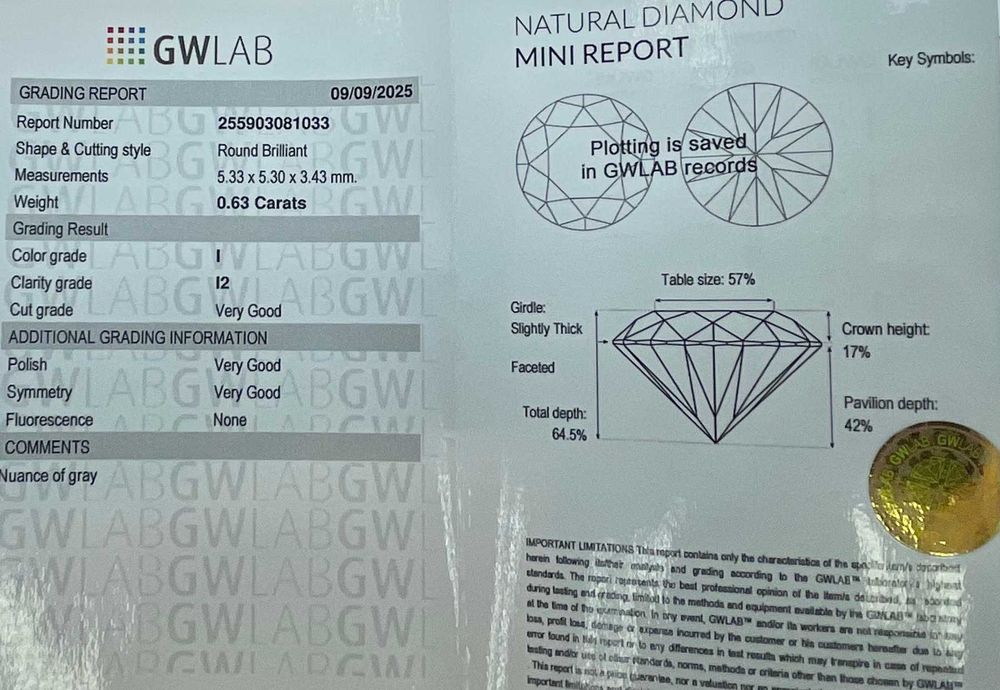 Натурален диамант 0.63 ct (I, I2, Very Good)